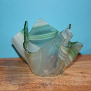 Green Art Glass Vase Signed D. Everson 2011 Handblown Ribbon Glass Handkerchief